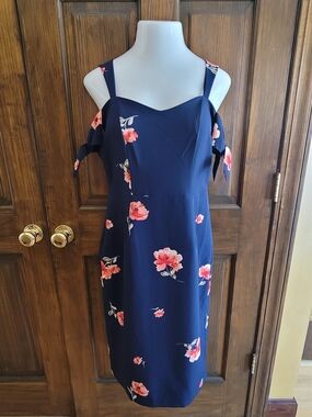 Ashley Graham Sz 10  Navy Floral Sheath Dress with Pink & Coral Blooms